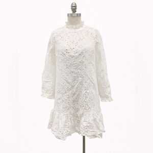 J. Crew Ruffle neck Eyelet White Long Sleeve Mini Dress NWT Size M